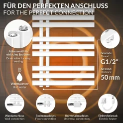 Badheizkörper Mittelanschluss 500x1400 mm Weiß mit Universale Anschlussgarnitur LuxeBath-ECD Germany Outlet