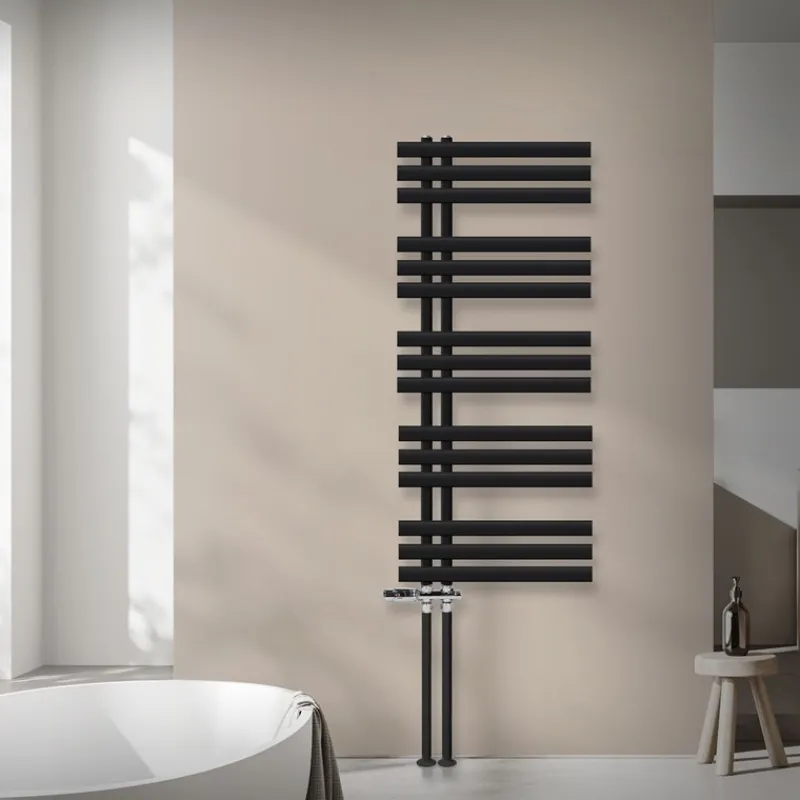 Badheizkörper Mittelanschluss 500x1200 mm Schwarz matt mit Boden Thermostatventil LuxeBath-ECD Germany New