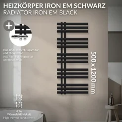 Badheizkörper Mittelanschluss 500x1200 mm Schwarz matt mit Boden Thermostatventil LuxeBath-ECD Germany New