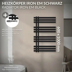 Badheizkörper Mittelanschluss 600x1000 mm Schwarz matt mit Wand Thermostatventil LuxeBath-ECD Germany Best