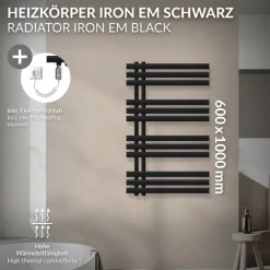 Badheizkörper Mittelanschluss 600x1000 mm Schwarz matt mit Heizstab 300W LuxeBath-ECD Germany Sale