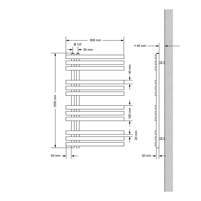 Badheizkörper Mittelanschluss 600x1000 mm Schwarz matt mit Heizstab 300W LuxeBath-ECD Germany Sale