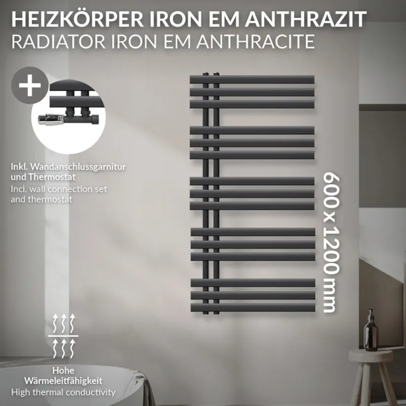 Badheizkörper Mittelanschluss 600x1200 mm Anthrazit mit Wand Anschlussgarnitur LuxeBath-ECD Germany