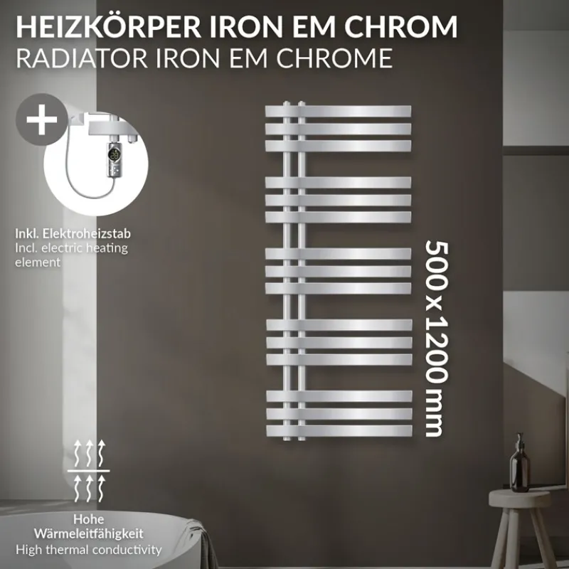 Badheizkörper Mittelanschluss 500x1200 mm Chrom mit Heizstab 1200W LuxeBath-ECD Germany Outlet