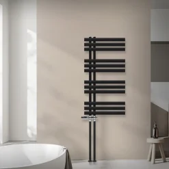 Badheizkörper Mittelanschluss 500x1000 mm Schwarz matt mit Boden Thermostatventil LuxeBath-ECD Germany Clearance