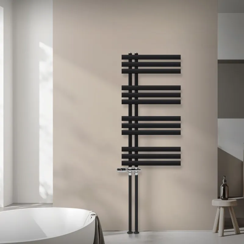 Badheizkörper Mittelanschluss 500x1000 mm Schwarz matt mit Boden Thermostatventil LuxeBath-ECD Germany Clearance