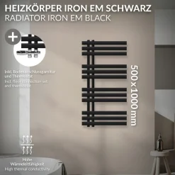 Badheizkörper Mittelanschluss 500x1000 mm Schwarz matt mit Boden Thermostatventil LuxeBath-ECD Germany Clearance