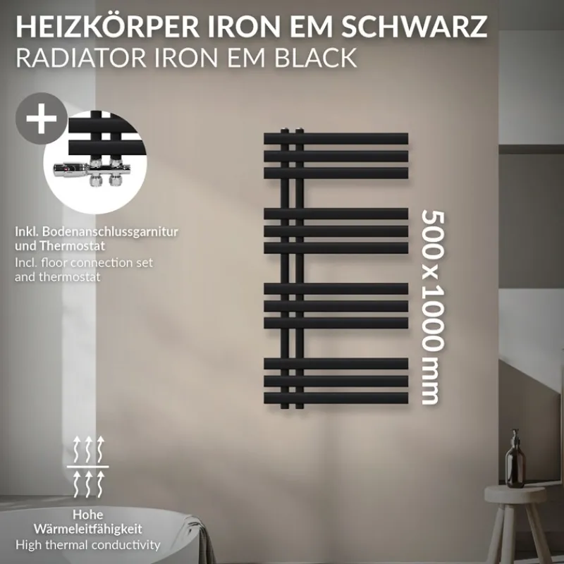 Badheizkörper Mittelanschluss 500x1000 mm Schwarz matt mit Boden Thermostatventil LuxeBath-ECD Germany Clearance