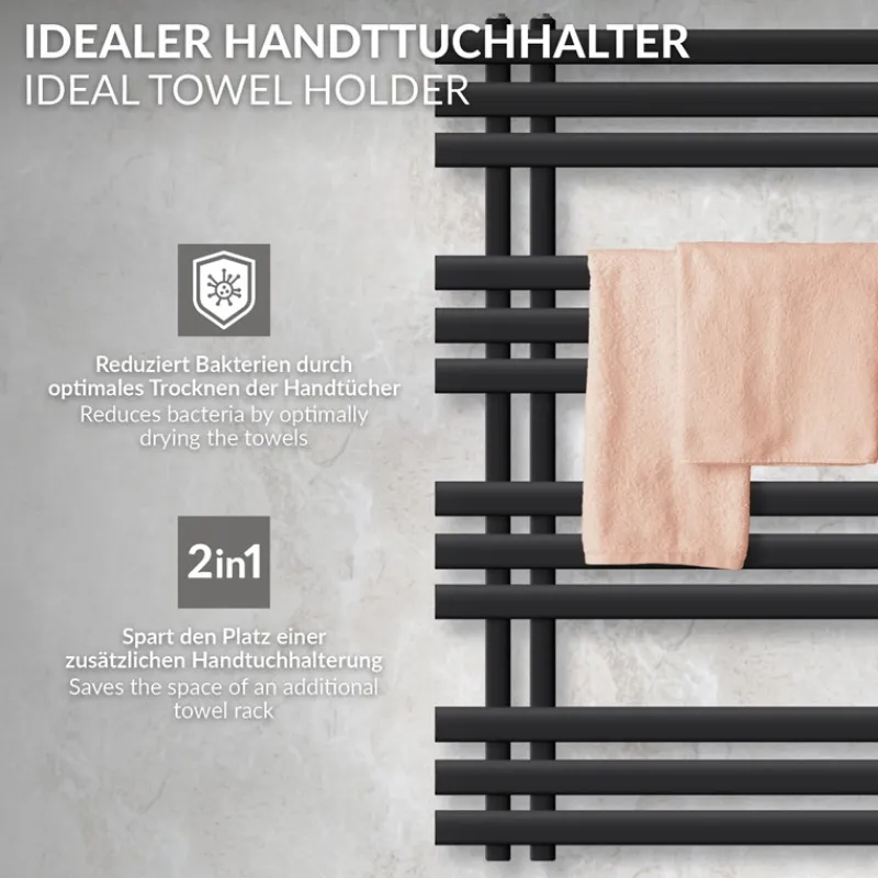 Badheizkörper Mittelanschluss 500x1000 mm Schwarz matt mit Boden Thermostatventil LuxeBath-ECD Germany Clearance
