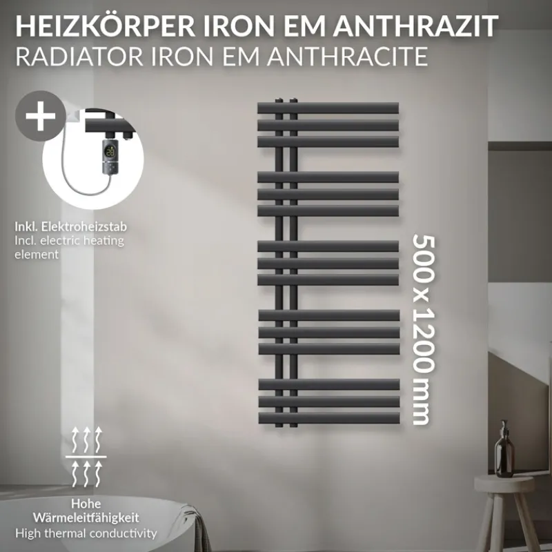 Badheizkörper Mittelanschluss 500x1200 mm Anthrazit mit Heizstab 1200W LuxeBath-ECD Germany Hot