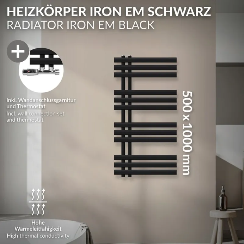 Badheizkörper Mittelanschluss 500x1000 mm Schwarz matt mit Wand Thermostatventil LuxeBath-ECD Germany Discount