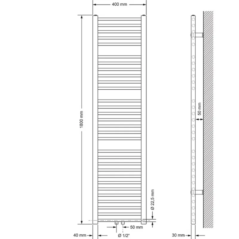 Badheizkörper Mittelanschluss 400x1800 mm Weiß gerade mit Boden Anschlussgarnitur LuxeBath-ECD Germany