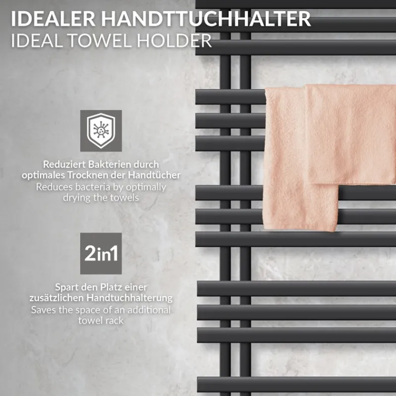 Badheizkörper Mittelanschluss 500x1400 mm Anthrazit mit Universale Anschlussgarnitur LuxeBath-ECD Germany Hot