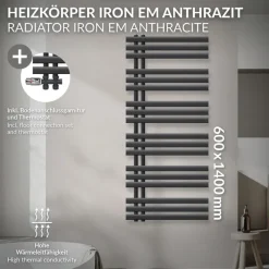Badheizkörper Mittelanschluss 600x1400 mm Anthrazit mit Boden Anschlussgarnitur LuxeBath-ECD Germany Outlet