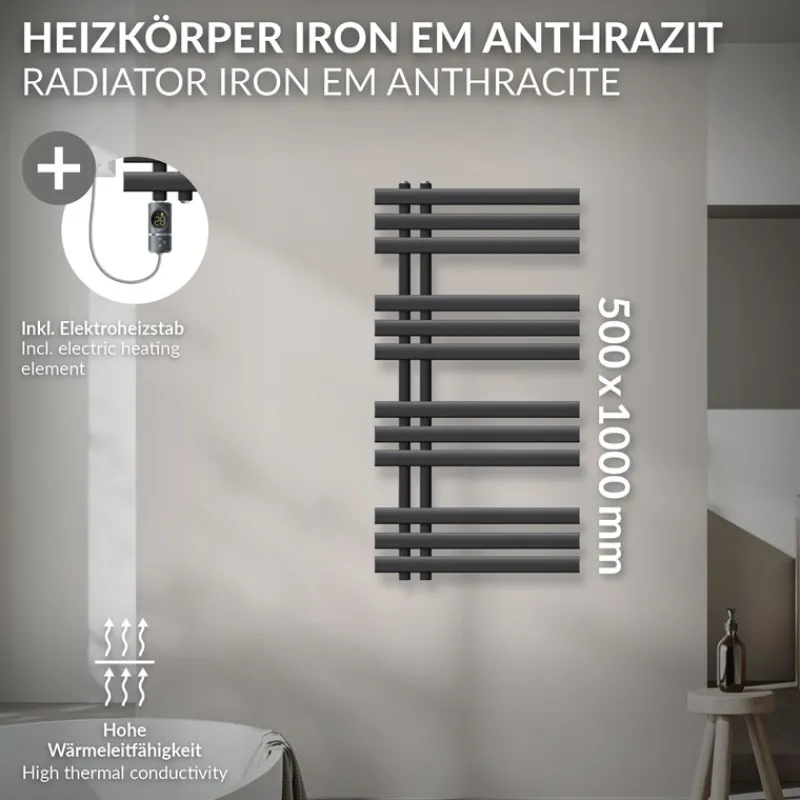 Badheizkörper Mittelanschluss 500x1000 mm Anthrazit mit Heizstab 300W LuxeBath-ECD Germany Online