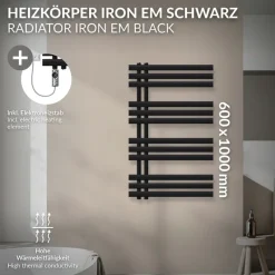 Badheizkörper Mittelanschluss 600x1000 mm Schwarz matt mit Heizstab 300W LuxeBath-ECD Germany Online