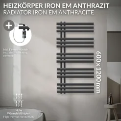 Badheizkörper Mittelanschluss 600x1200 mm Anthrazit mit Heizstab 1200W LuxeBath-ECD Germany Hot