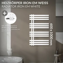 Badheizkörper Mittelanschluss 600x1000 mm Weiß mit Universale Anschlussgarnitur LuxeBath-ECD Germany Hot