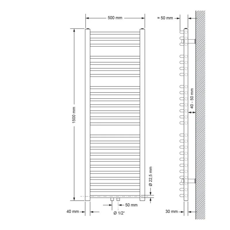 Badheizkörper Sahara 500x1500 mm Schwarz matt gebogen mit Mittelanschluss LuxeBath-ECD Germany Outlet