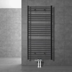 Badheizkörper Sahara 750x1500 mm Anthrazit gebogen mit Mittelanschluss und Boden Anschlussgarnitur-ECD Germany Online