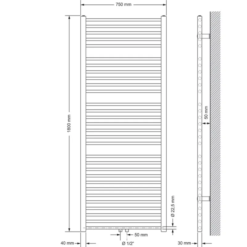 Badheizkörper Sahara 750x1800 mm Weiß gerade mit Mittelanschluss-ECD Germany