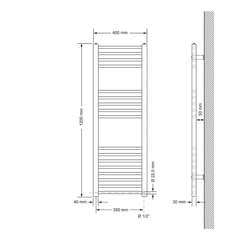 Badheizkörper Sahara 400x1200 mm Weiß gerade mit Seitenanschluss-ECD Germany Best
