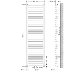 Badheizkörper Sahara 750x1800 mm Weiß gebogen mit Mittelanschluss und Boden Anschlussgarnitur LuxeBath-ECD Germany Hot