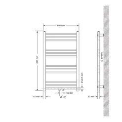 Badheizkörper Sahara 600x800 mm Weiß gerade mit Mittelanschluss und Boden Anschlussgarnitur-ECD Germany