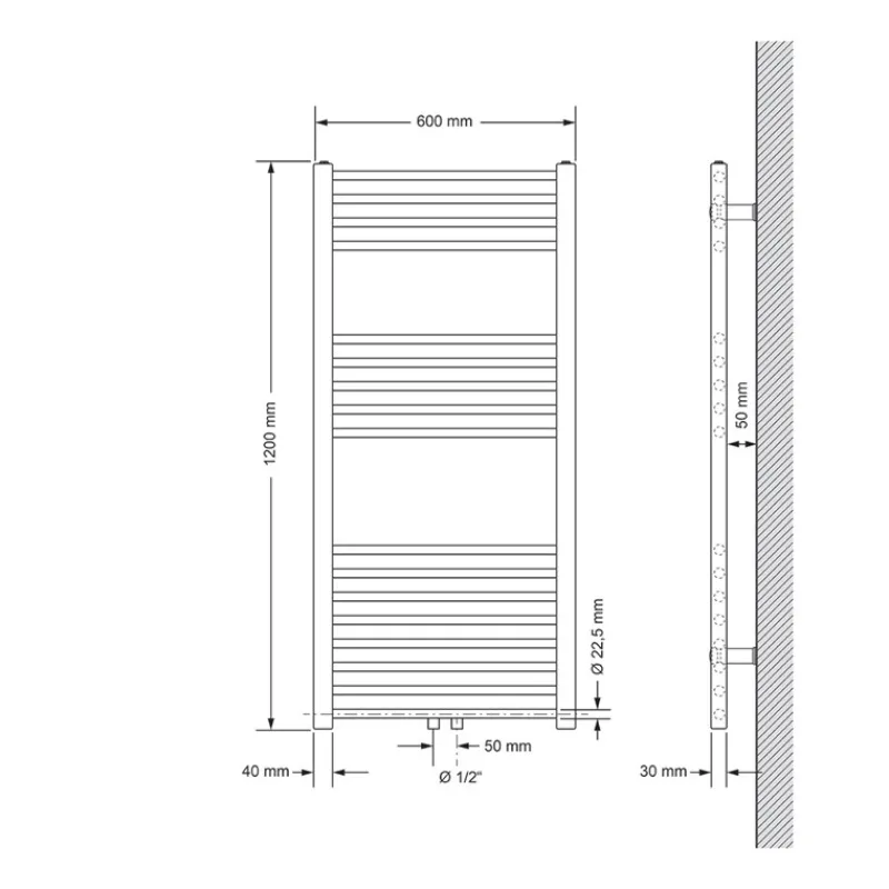 Badheizkörper Sahara 600x1200 mm weiß gerade mit Mittelanschluss-ECD Germany Outlet
