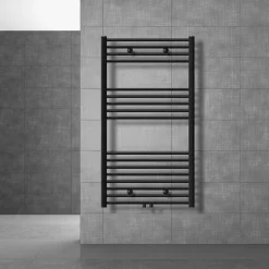 Badheizkörper Sahara 750x1200 mm Schwarz gebogen mit Boden Thermostatventil LuxeBath-ECD Germany Discount