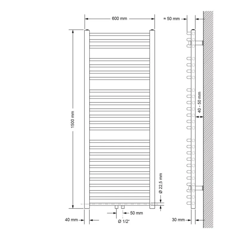 Badheizkörper Sahara 600x1500 mm Weiß gebogen mit Mittelanschluss und Wand Anschlussgarnitur-ECD Germany Online