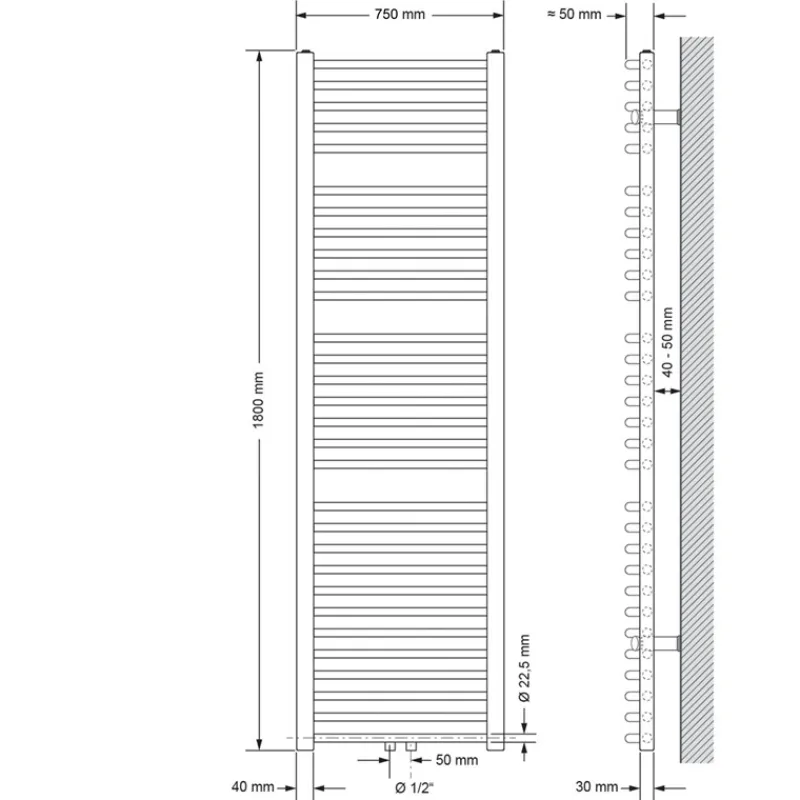 Badheizkörper Sahara 750x1800 mm Weiß gebogen mit Mittelanschluss und Wand Anschlussgarnitur LuxeBath-ECD Germany Best