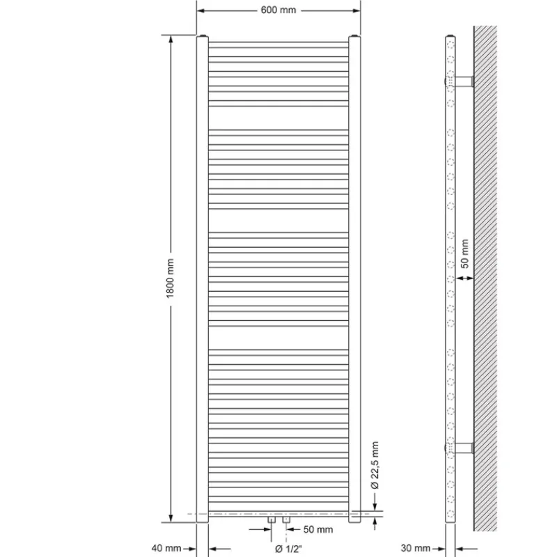 Badheizkörper Sahara 600x1800 mm weiß gerade mit Mittelanschluss-ECD Germany