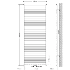 Badheizkörper Sahara 750x1800 mm Weiß gerade mit Mittelanschluss und Wand Anschlussgarnitur-ECD Germany Sale
