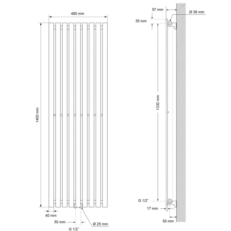 Badheizkörper Stella 480x1400 mm Anthrazit-ECD Germany New
