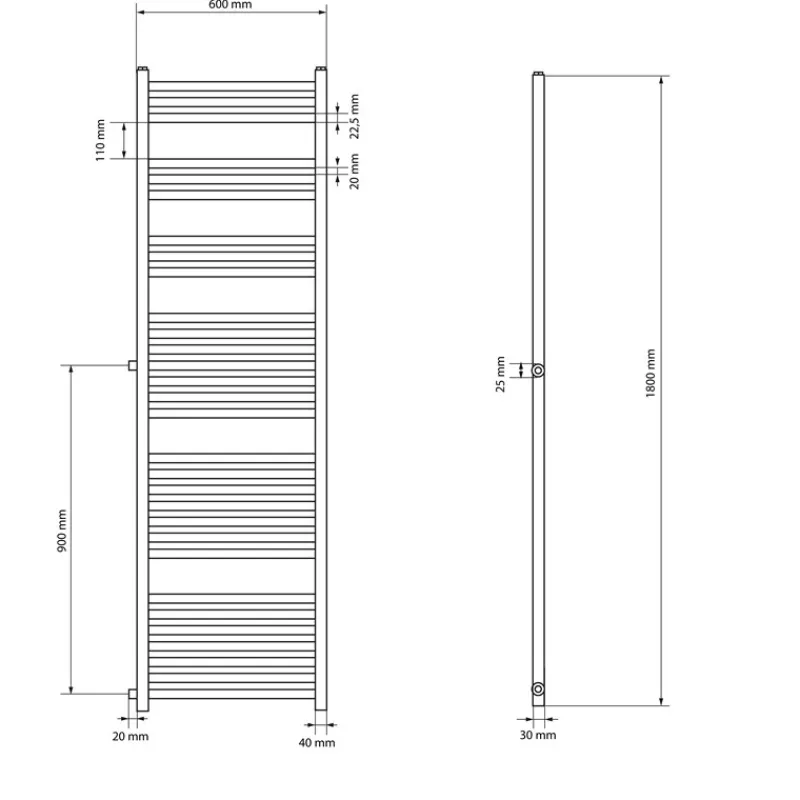 Badheizkörper 600x1800 mm Weiß gerade mit Seitenanschluss LuxeBath-ECD Germany Discount