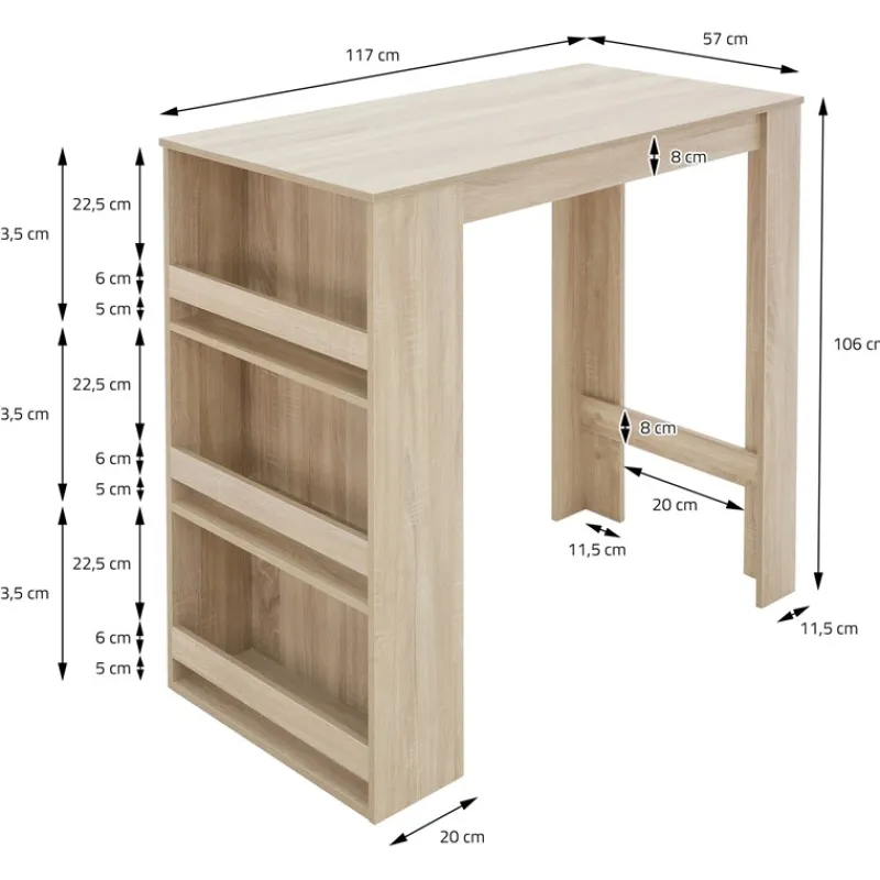 Bartisch mit 3-stufigem Regal 117x106x57 cm Sonoma-Eiche aus Holz ML-Design-ECD Germany