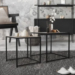 Beistelltisch 2er Set Schwarz/Eichenoptik aus Metall ML-Design-ECD Germany Best