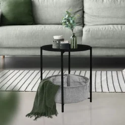 Beistelltisch rund Ø 46x51 cm Schwarz aus Metall inkl. Tablett und Stoffkorb ML-Design-ECD Germany