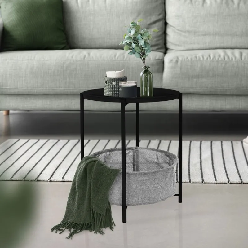 Beistelltisch rund Ø 46x51 cm Schwarz aus Metall inkl. Tablett und Stoffkorb ML-Design-ECD Germany