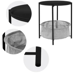 Beistelltisch rund Ø 46x51 cm Schwarz aus Metall inkl. Tablett und Stoffkorb ML-Design-ECD Germany