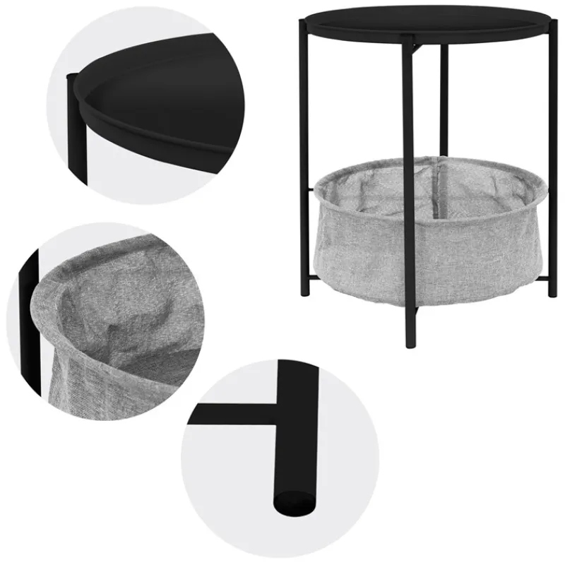 Beistelltisch rund Ø 46x51 cm Schwarz aus Metall inkl. Tablett und Stoffkorb ML-Design-ECD Germany