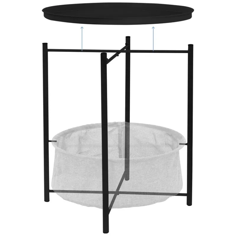 Beistelltisch rund Ø 46x51 cm Schwarz aus Metall inkl. Tablett und Stoffkorb ML-Design-ECD Germany