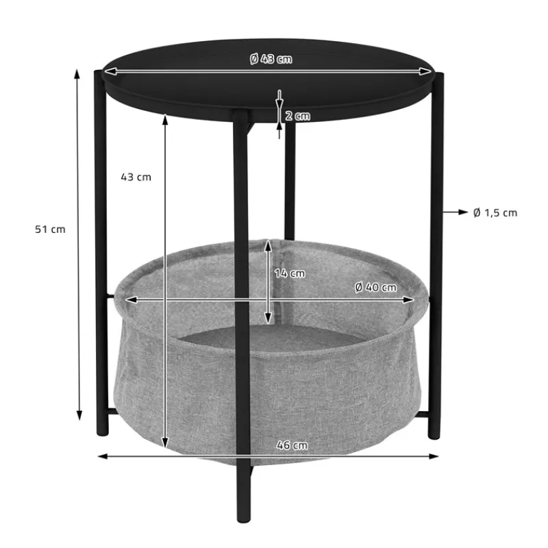 Beistelltisch rund Ø 46x51 cm Schwarz aus Metall inkl. Tablett und Stoffkorb ML-Design-ECD Germany