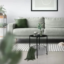 Beistelltisch rund Ø 46x51 cm Schwarz aus Metall inkl. Tablett und Stoffkorb ML-Design-ECD Germany