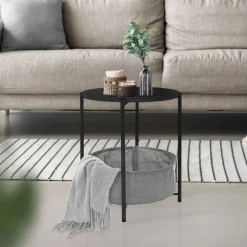 Beistelltisch rund Ø 46x51 cm Anthrazit aus Metall inkl. Tablett und Stoffkorb ML-Design-ECD Germany Best