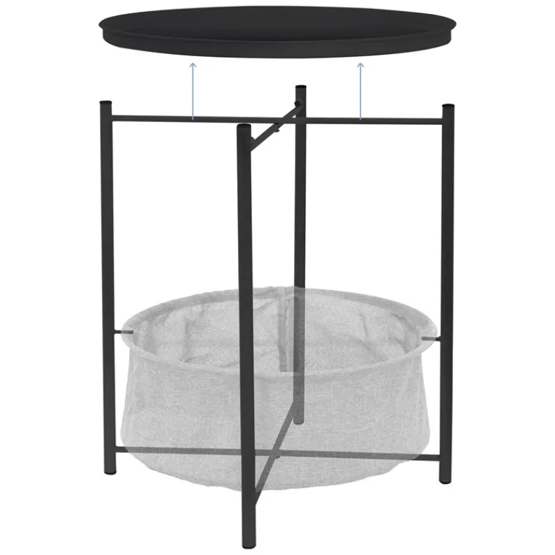 Beistelltisch rund Ø 46x51 cm Anthrazit aus Metall inkl. Tablett und Stoffkorb ML-Design-ECD Germany Best