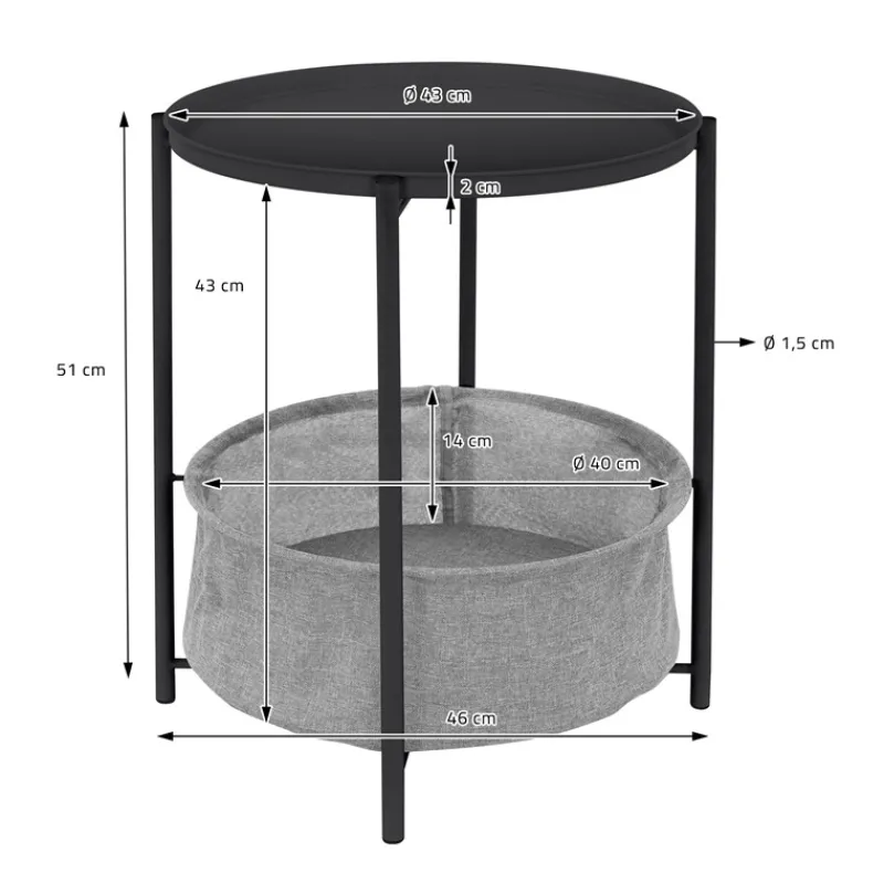 Beistelltisch rund Ø 46x51 cm Anthrazit aus Metall inkl. Tablett und Stoffkorb ML-Design-ECD Germany Best
