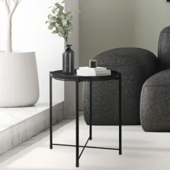 Beistelltisch rund Ø42x52 cm Schwarz aus Metall mit Tablett ML-Design-ECD Germany Online