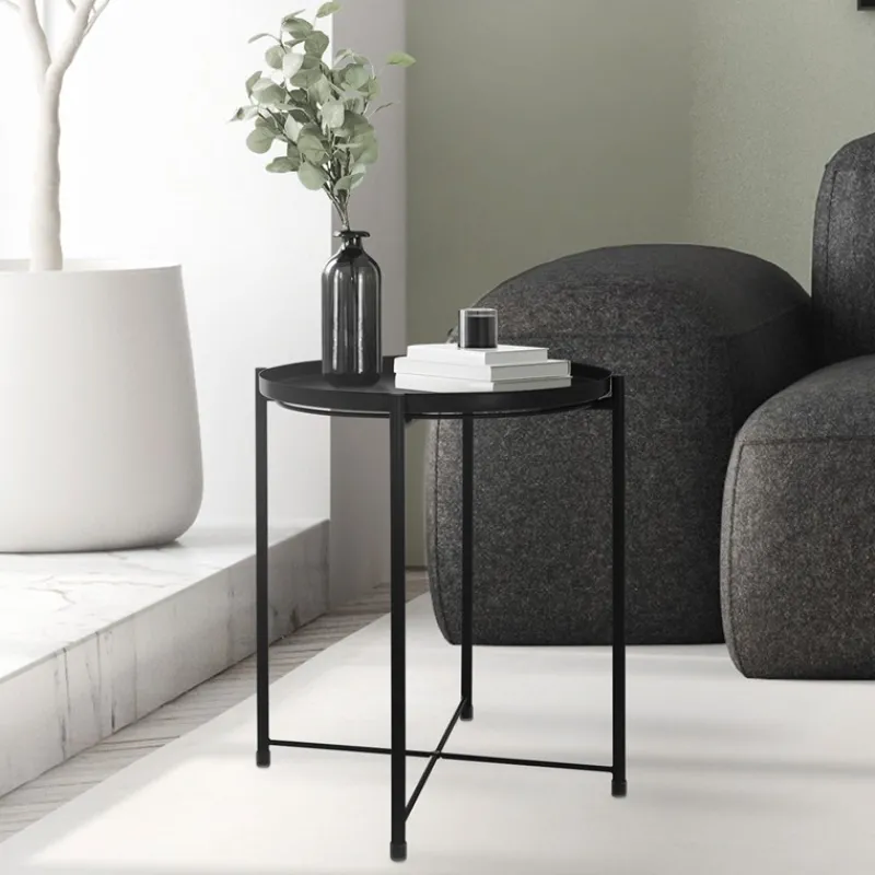 Beistelltisch rund Ø42x52 cm Schwarz aus Metall mit Tablett ML-Design-ECD Germany Online